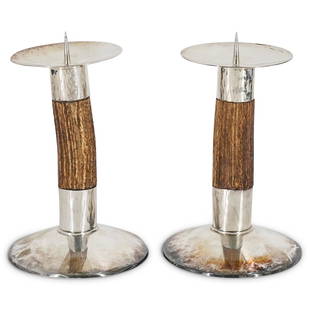 Emil Hermann Waldstetten Sterling Antler Candle Holders: DESCRIPTION: Emil Hermann German sterling silver weighted candle holders with antler mounted supporting stems. Hallmarked: "925, Sterling" CIRCA: 20th Cent. ORIGIN: Germany DIMENSIONS: H: 7" x D: 4.75