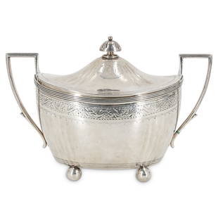 Theodore B. Starr Sterling Lidded Caddy: DESCRIPTION: Theodore B. Starr sterling silver lidded caddy with double handled ball footed design. Hallmarked: "Theodore B. Starr, 268, Sterling" CIRCA: 19th Cent. ORIGIN: USA DIMENSIONS: H: 5" x D: