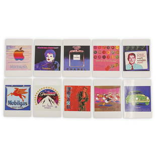 (10 Pc) Andy Warhol "Ads" Series Postcards: DESCRIPTION: A postcard portfolio of Andy Warhol's "Ads" series features 10 different colored silk screen displaying different Iconic Ads. Comes with folder stating publisher information and print cou