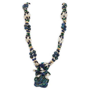 Paulette 14k Gold and Semi Precious Beaded Necklace: DESCRIPTION: A Paulette beaded necklace comprised of beaded Lapis, Malachite, and 14k gold spacers, intertwined around a center carved pendant, completed with a 14k gold clasp. Note: Paulette was an