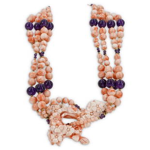 Paulette 14k Gold, Coral and Amethyst Beaded Necklace: DESCRIPTION: A Paulette beaded necklace comprised of triple beaded strands of Coral, Amethyst and Gold spacers. Centered by a finely carved open pierced floral pendant. Finished with a 14k yellow gold