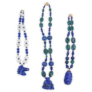 (3 Pc) Paulette 14k Gold and Beaded Lapis Necklaces: DESCRIPTION: A Group of three beaded necklaces by designer Paulette feature the following: (1) A beaded lapis necklace alternating with Azurite Malachite beads, centered by a carved Buddha pendant