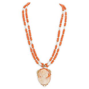 Italian 18k Gold Cameo and Coral Beaded Necklace: DESCRIPTION: An Italian beaded necklace composed of Salmon colored Coral beads, alternating with Pearl and 14k gold spacers. The necklace is fitted by an Italian Cameo pendant encased within a, 18k