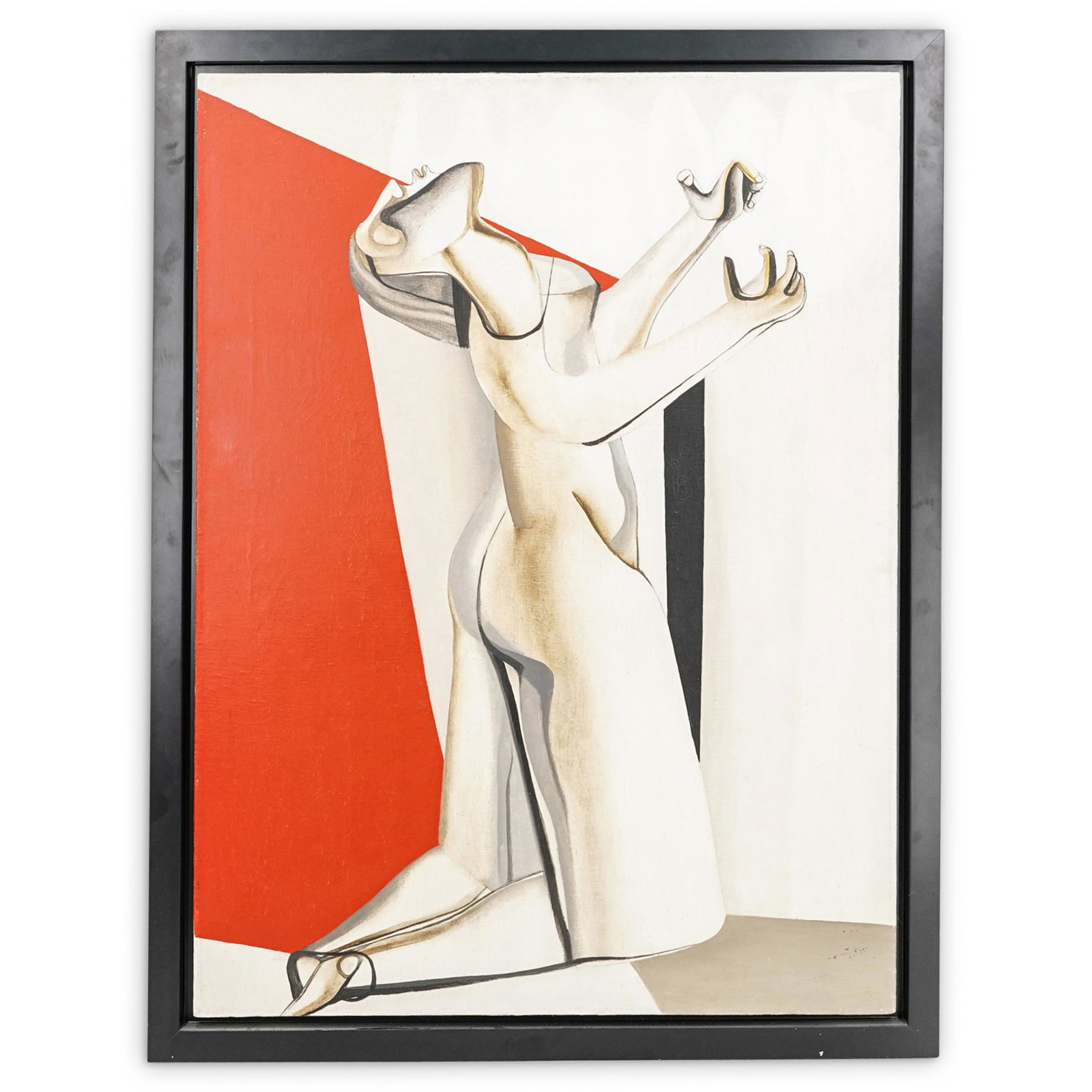 Joseph Mellor Hanson (British, 1900-1963) Oil on Canvas: DESCRIPTION: Joseph Mellor Hanson (British, 1900-1963) Oil on canvas painting titled: "Figure Enmeshed" features a nude cubist figure in white, black, red, and grey tones. Signed: "JMH" at reverso of 