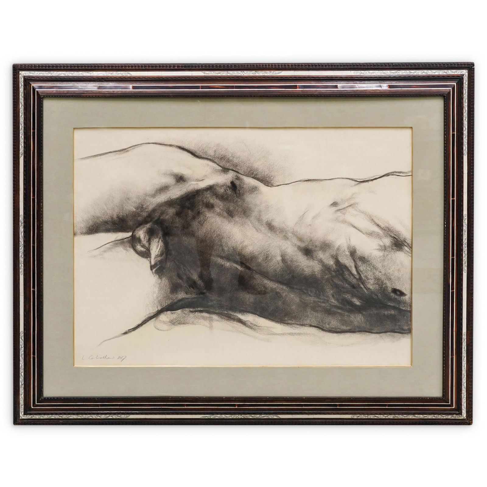 Luis Caballero Untitled Charcoal On Paper: DESCRIPTION: Luis Caballero untitled charcoal on paper depicting male torso and groin; signed by artist at bottom right. Piece comes with certificate of authenticity from Galeria El Museo signed by th