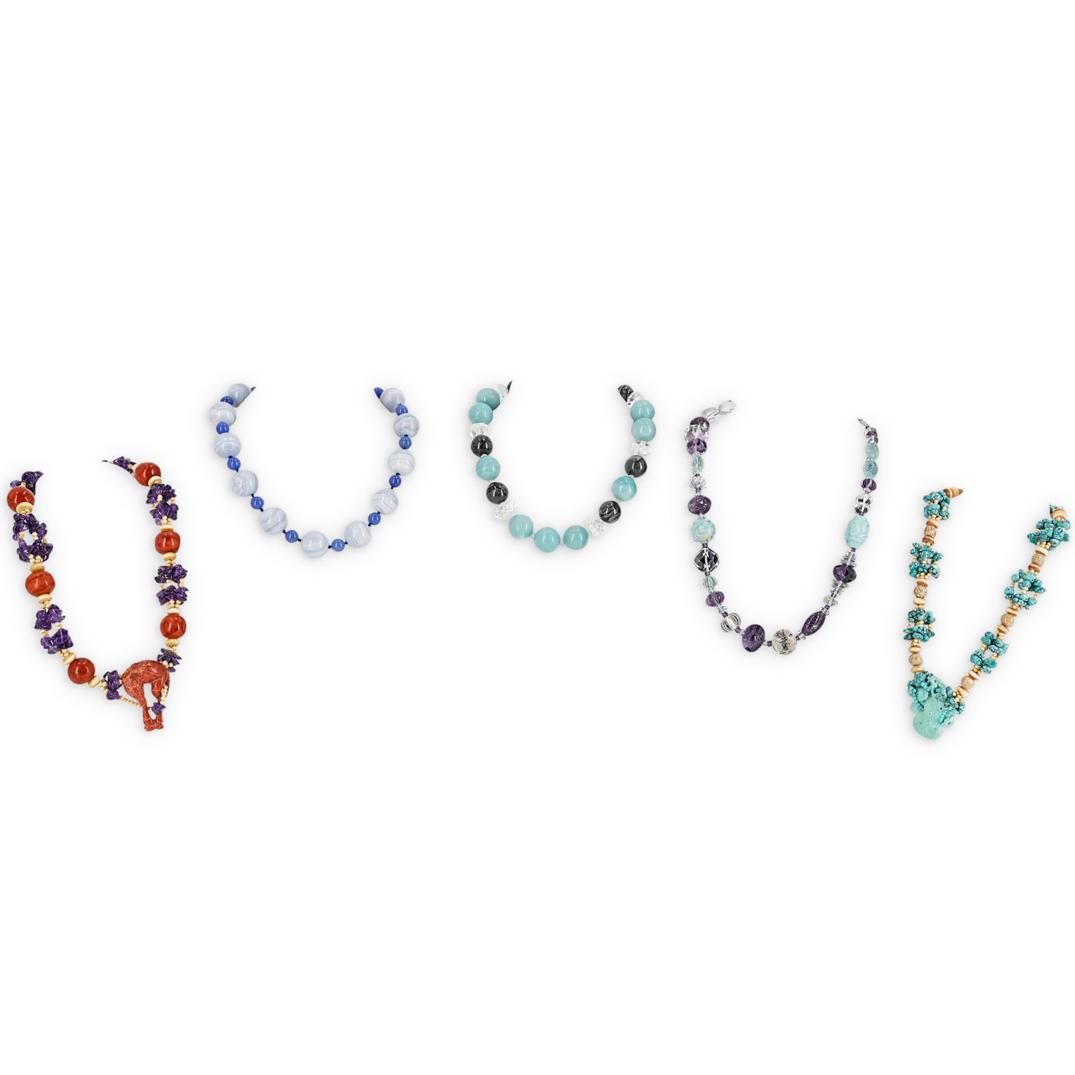 (5 Pc) Paulette Semi Precious Stone Beaded Necklaces: DESCRIPTION: A group of Paulette Semi precious stone necklaces decorated with Agate, Lace Agate, Turquoise, Bone, Amethyst, Quartz and Rhodium beads. Completed with gilt toned closures. (B28) CIRCA: 2