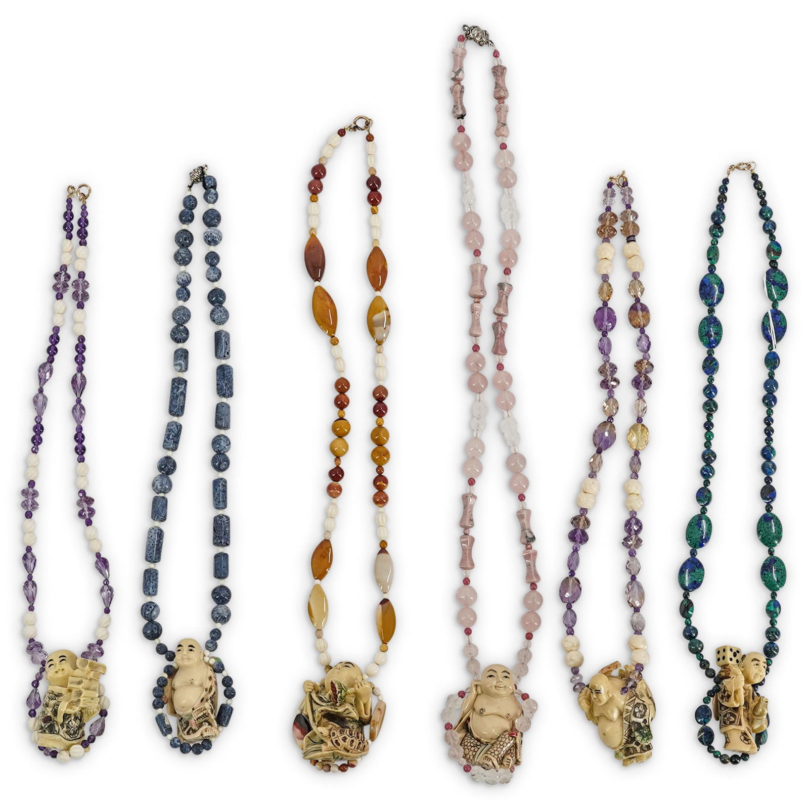 (6 Pc) Paulette Carved Bone and Semi Precious Necklaces: DESCRIPTION: a group of six beaded necklaces comprised of polychrome carved bone pendants depicting Chinese figures, further decorated with Amethyst, Jasper and Bone beads. CIRCA: 20th Cent. DIMENSION