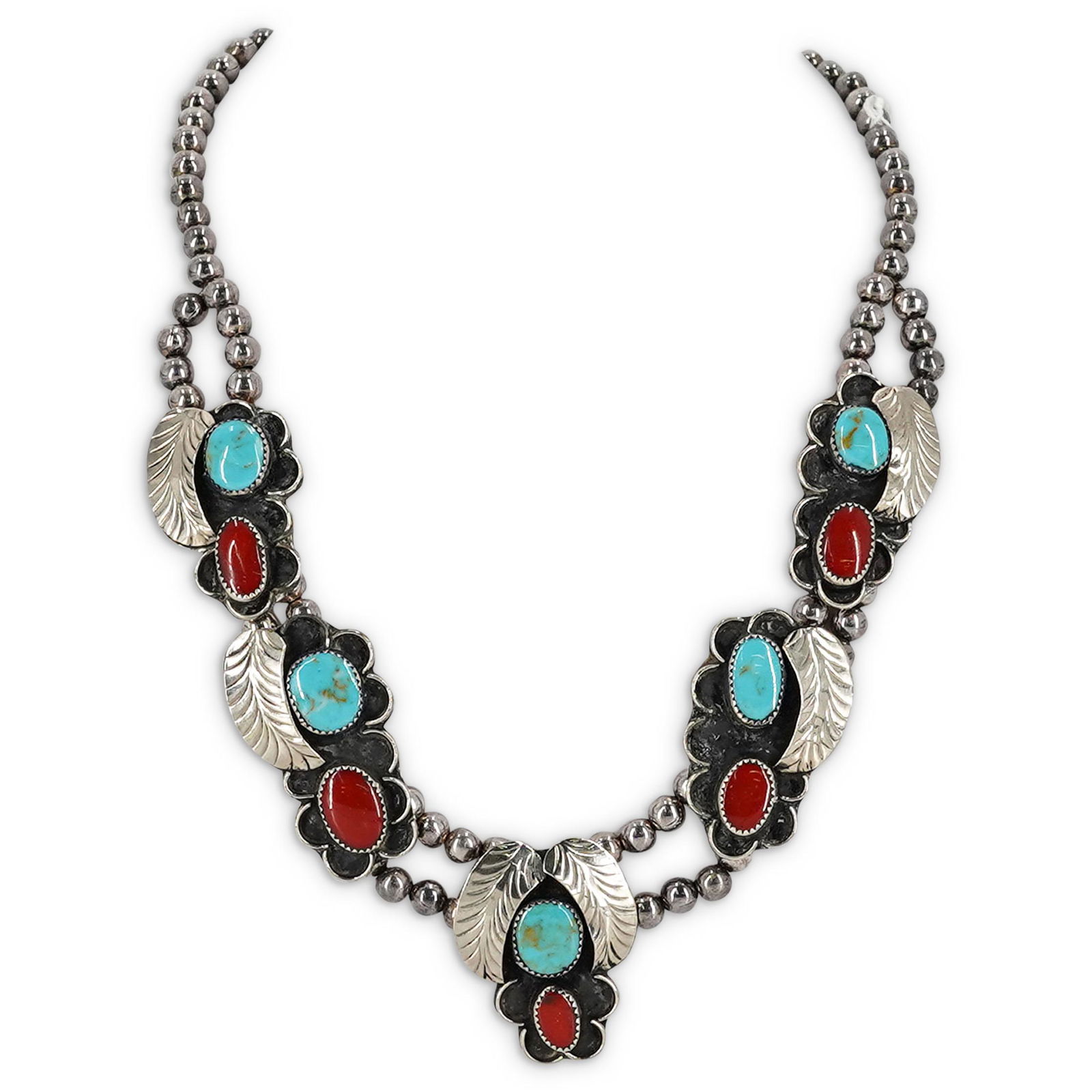 Navajo Style Sterling, Turquoise and Coral Necklace (1 of 5)