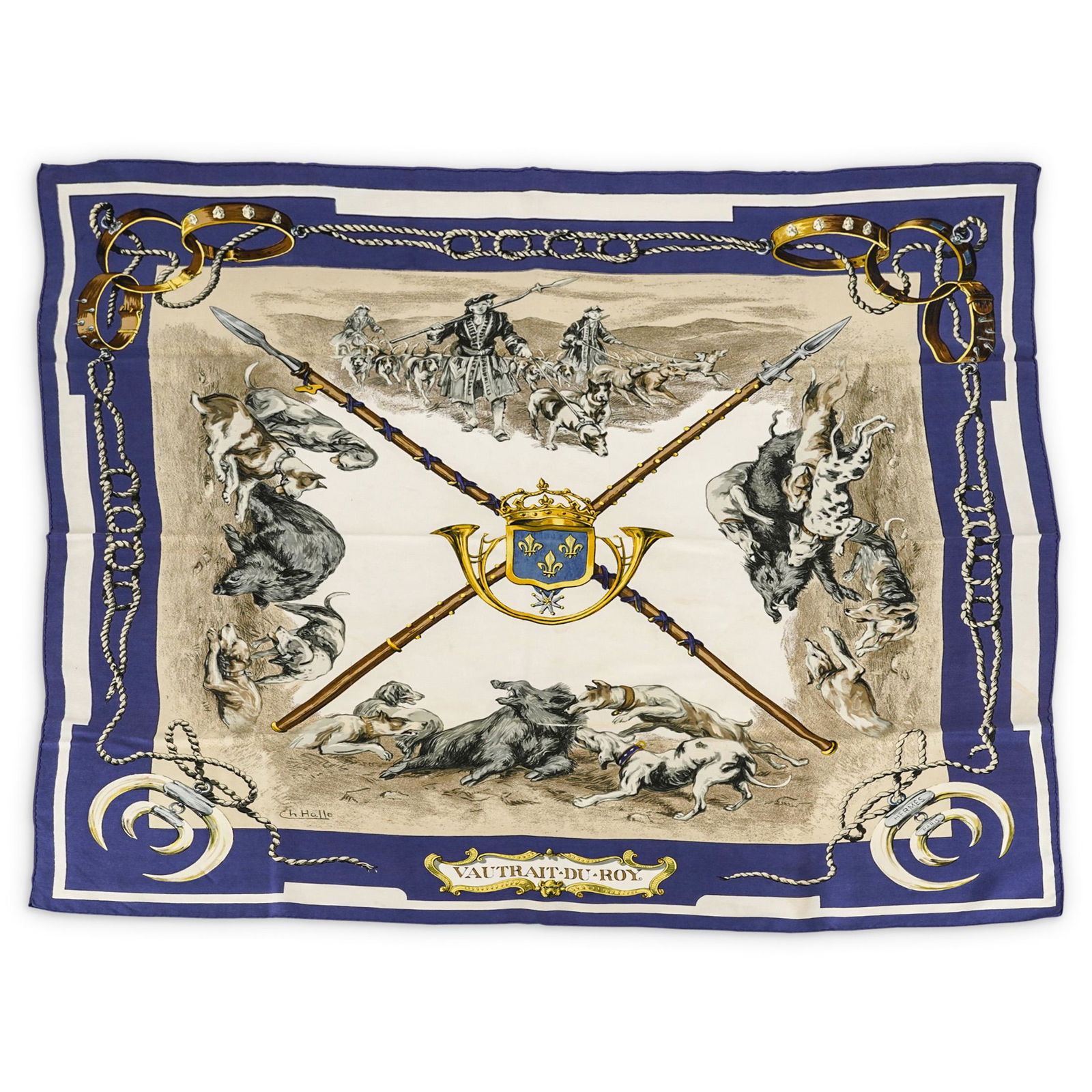 HermÃ¨s Vautrait du Roy Silk Scarf: DESCRIPTION: HermÃ¨s silk scarf designed by Charles Hallo depicting a hunt of a boar in four images divided by two spears. Images are bordered by ropes on the sides and top, horn trophies in the cor