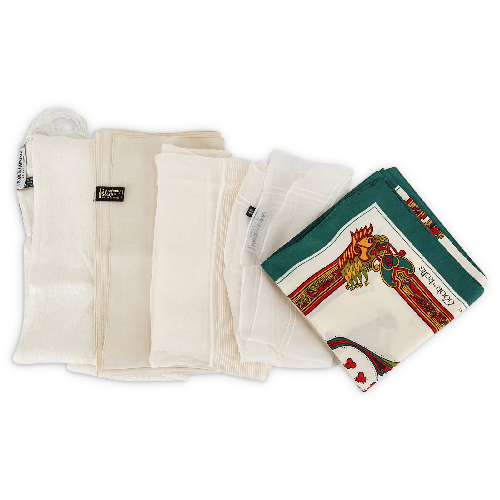 (5 pc) Bergdorf Goodman Lot: DESCRIPTION: Lot of five scarves, including scarves from Giorgio Armani and Symphony Scarves. All scarves come in one Bergdorf Goodman box. Dimensions and descriptions are as follows: (1) Book of Kell