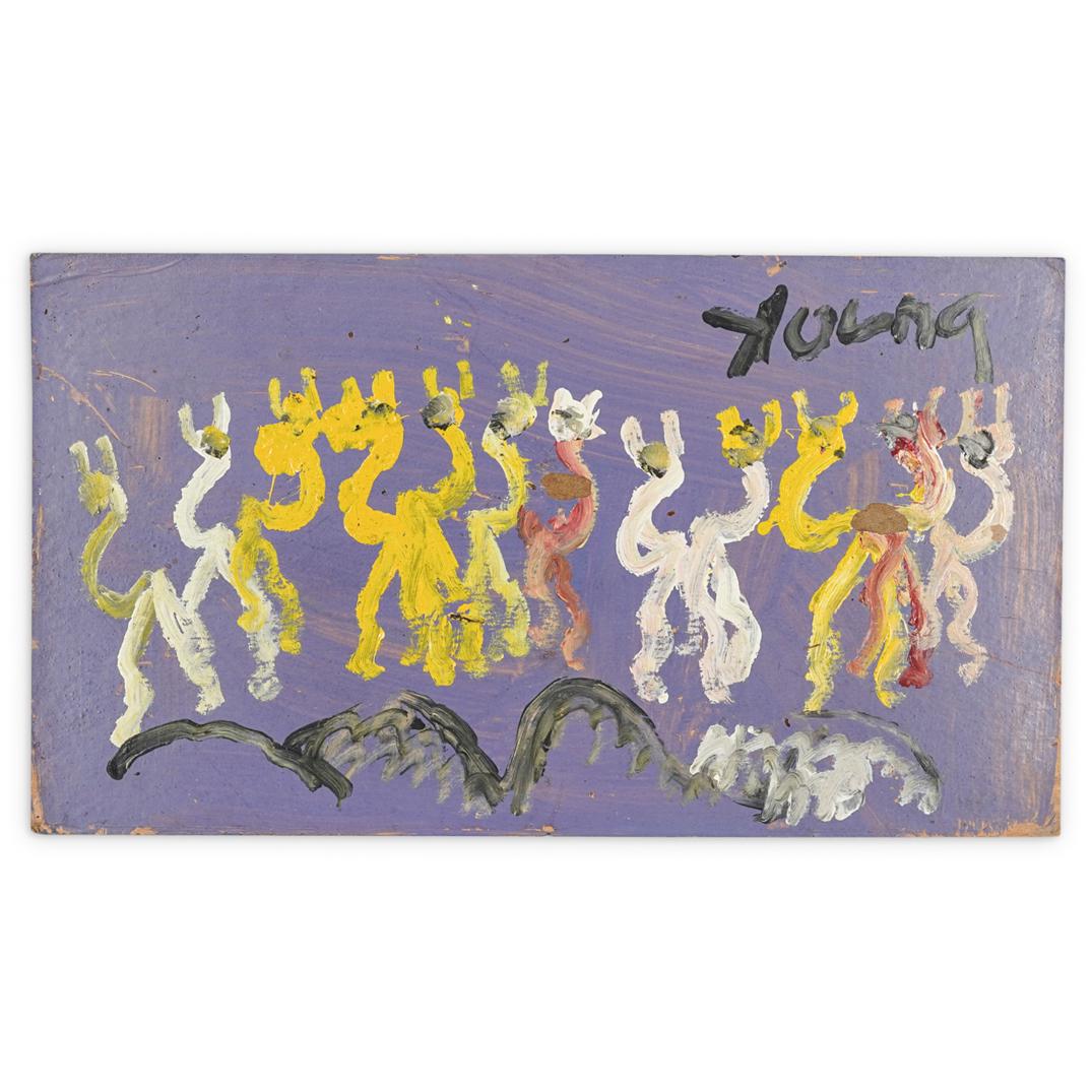 Purvis Young (American, 1943-2010) Acrylic Painting: DESCRIPTION: A Purvis Young (American, 1943-2010) acrylic painting on board featuring Young traditional figures in yellow, white and peach colors over a lavender ground. Signed "Young" at the top righ