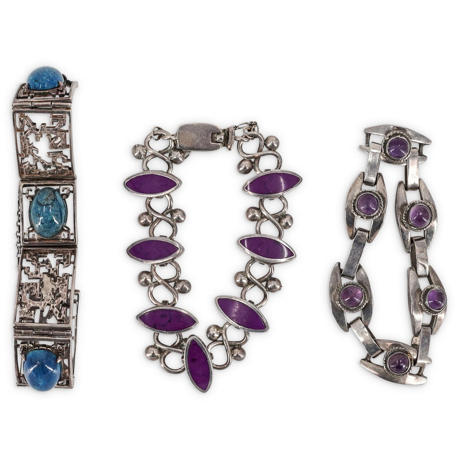 (3 Pc) Vintage Linked Sterling Bracelets: DESCRIPTION: A group of vintage sterling silver bracelets feature the following: (1) Sterling linked bracelet decorated with purple enamel accents, stamped Mexico 925 (1) Sterling linked bracelet deco