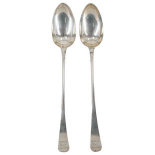 (2 pc) Hester Bateman Sterling Serving Spoons: DESCRIPTION: Two sterling serving spoons made by Hester Bateman. Each spoon has an image of a pointing dog etched into the end of the handle. Total weight of both pieces together: 196g CIRCA: Late 18t