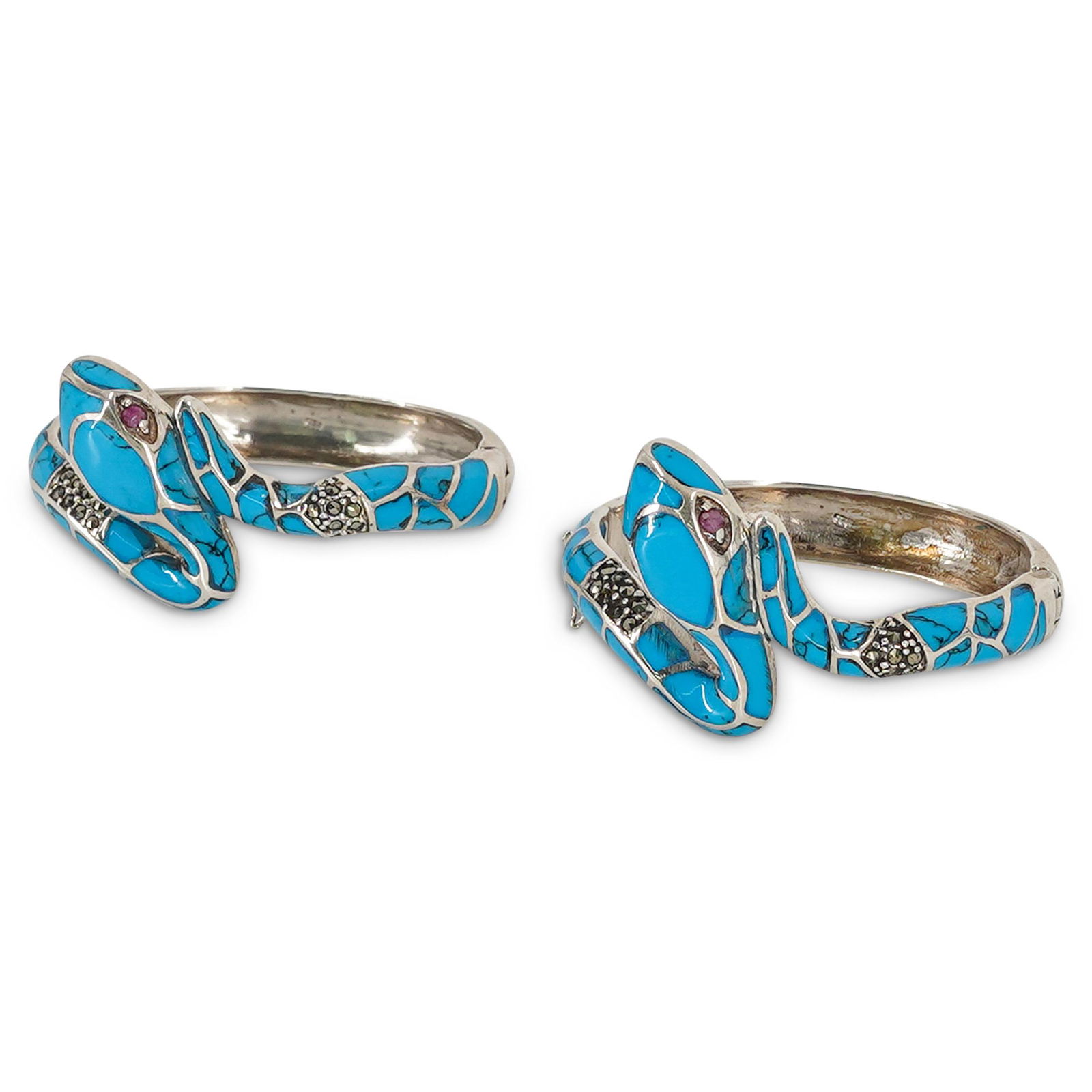 (2 Pc) Sterling Silver and Turquoise Snake Bracelets (1 of 6)