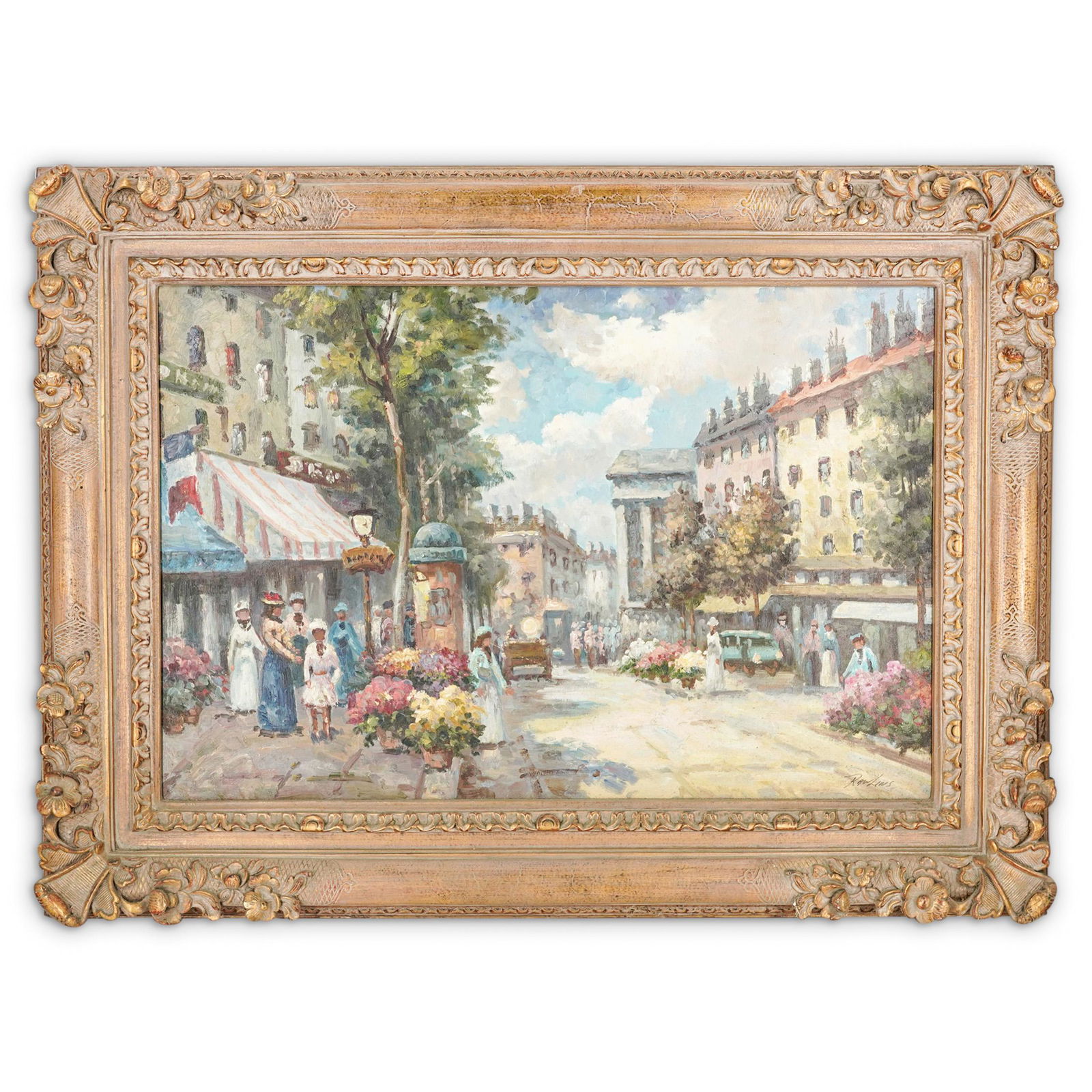 Rawlins Oil On Canvas Street Scene: DESCRIPTION: Rawlins oil on canvas painting depicting a late-19th to early 20th century street with shops and pedestrians. Signed at bottom right by artist. Comes with certificate of authenticity from