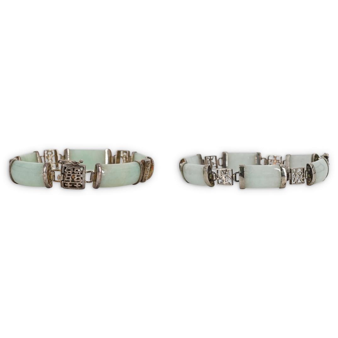 (2 Pc) Chinese Silver and Jade Linked Bracelets: DESCRIPTION: Two Chinese linked Jade bracelets connected with open pierced silver links. Total Weight: 36 Grams CIRCA: Mid-Late 20th Cent. ORIGIN: China DIMENSIONS: L: 6.5" Have a similar item to sell