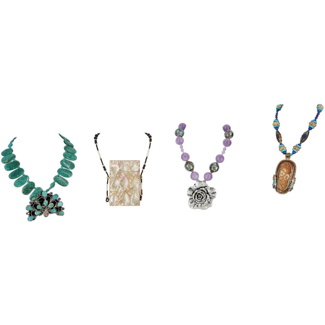 (4 Pc) Paulette Semi Precious Stone Necklaces: DESCRIPTION: A group of four Semi precious stone necklaces feature the following: (1) Amethyst and Abalone beaded necklace fitted with a sterling silver floral pendant. (1) Lapis and Turquoise beaded