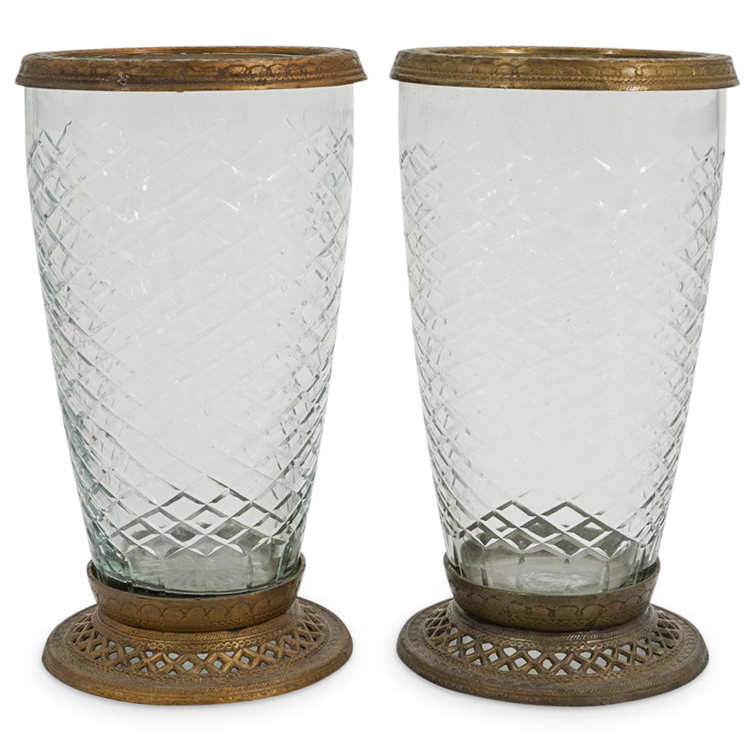 (2 pc) Vintage Glass and Brass Vases (1 of 6)