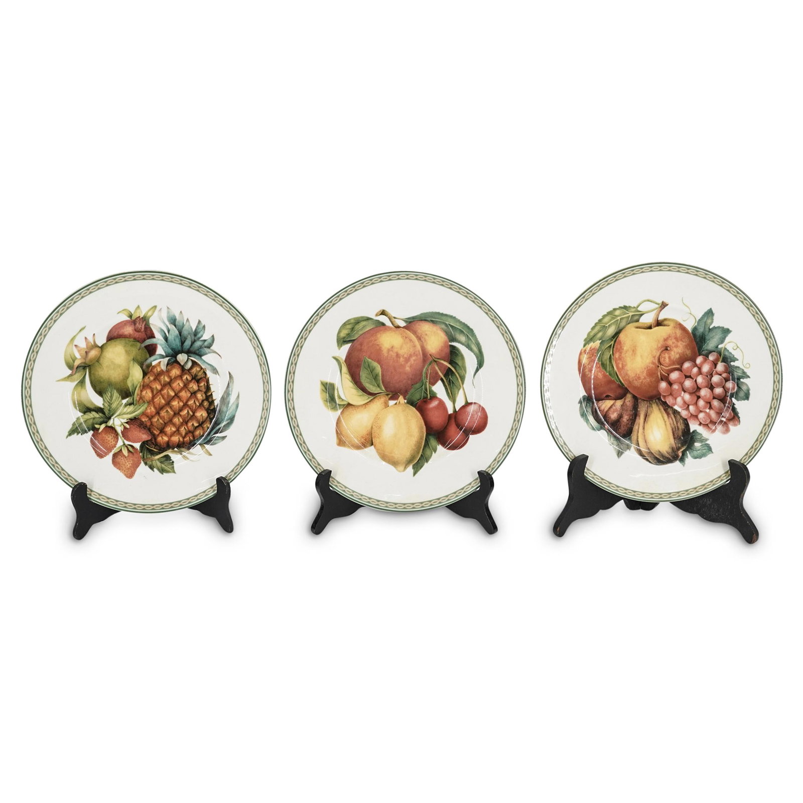 (3 pc) Fitz And Floyd Bone China Salad Plates: DESCRIPTION: Three Fitz and Floyd bone china salad plates each with a different fruit motif. Plate edges are bordered with a braid pattern. Mark on back says "FITZ AND FLOYD Belle Classique BONE CHINA