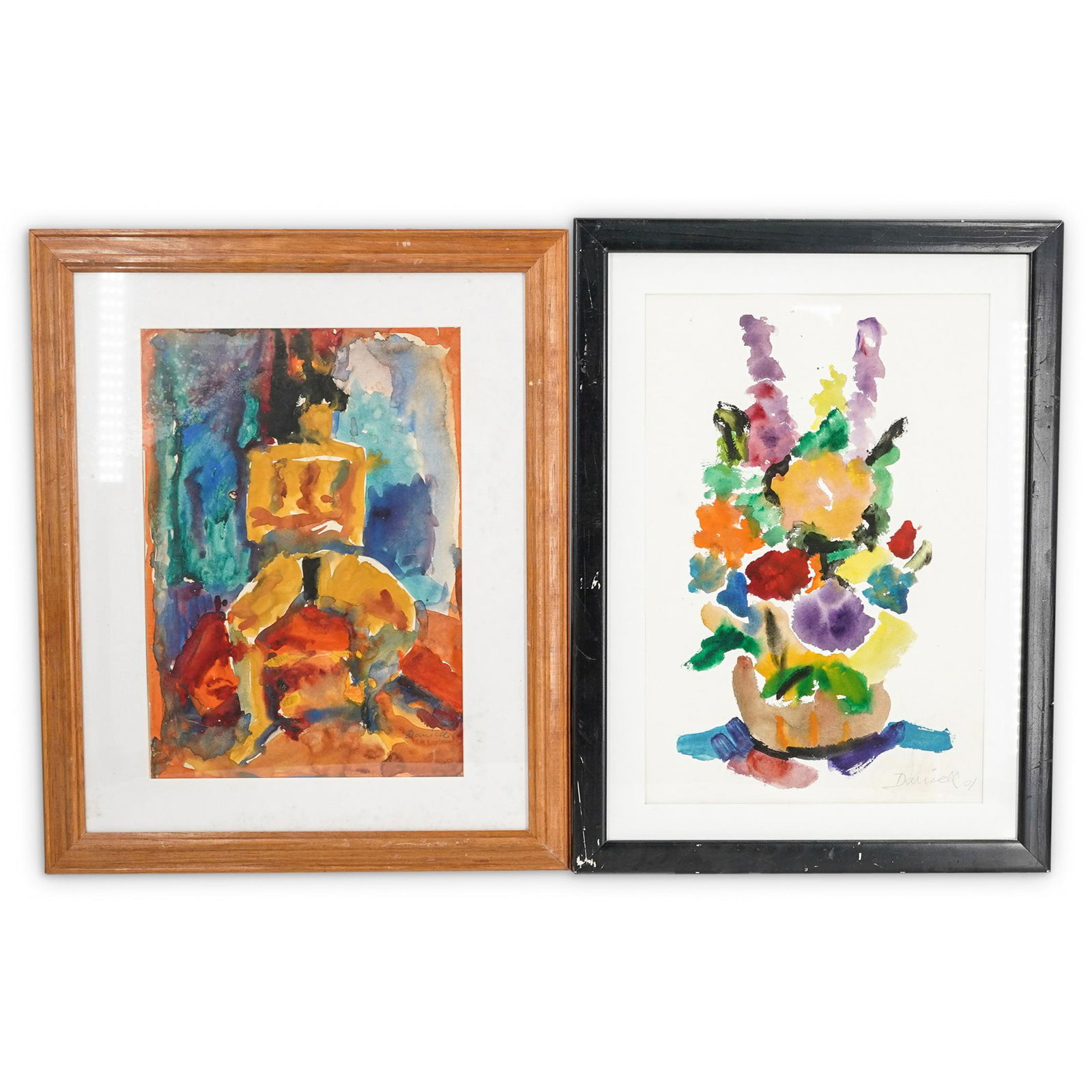 (2Pc) George Daniell (American, 1911 - 2002) Watercolor: DESCRIPTION: (2Pc) George Daniell (American, 1911 - 2002) Watercolor painting collection. Features: (1) Watercolor on paper painting depicting a sitting figure. Signed lower right: "Daniell" Mounted i