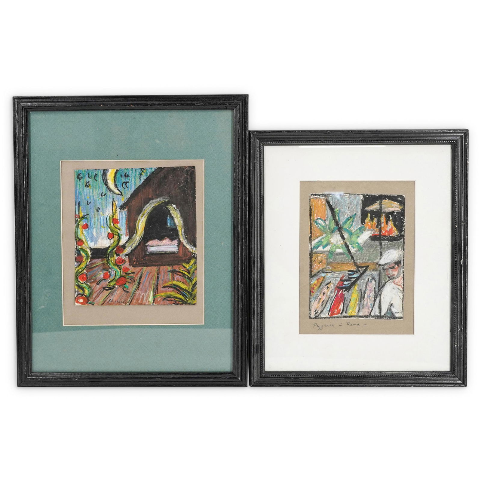 (2Pc) George Daniell (American, 1911 - 2002) Mixed: DESCRIPTION: (2Pc) George Daniell (American, 1911 - 2002) Mixed media painting collection. Features: (1) Mixed media on paper painting depicting cook in a kitchen. Signed lower right: "Daniell" (Image