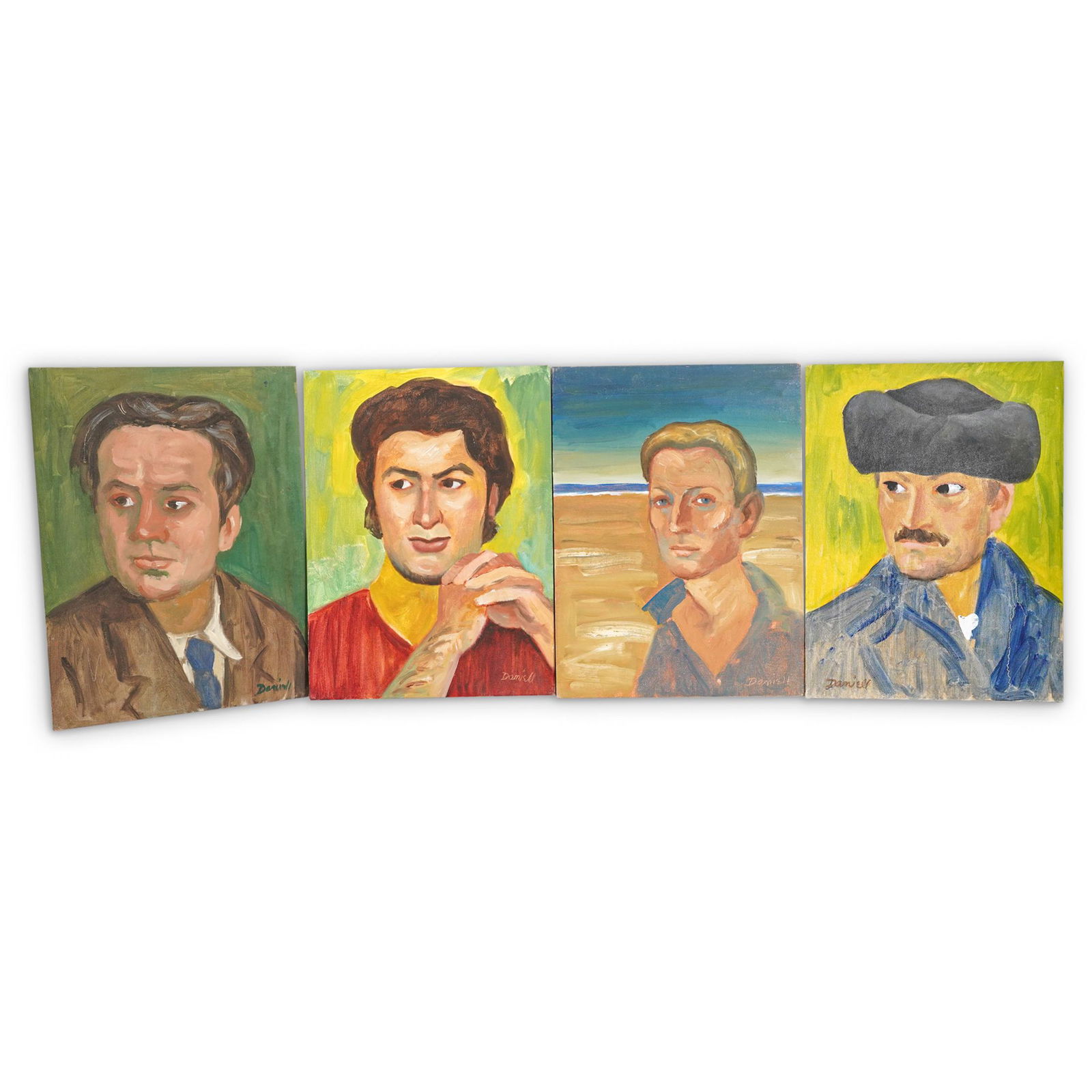 (4Pc) George Daniell (American, 1911 - 2002) Oil on: DESCRIPTION: (4Pc) George Daniell (American, 1911 - 2002) Oil on board painting collection, features four figural portraits, signed: "Daniell" CIRCA: 20th Cent. ORIGIN: USA DIMENSIONS: H: 16" x L: 12"