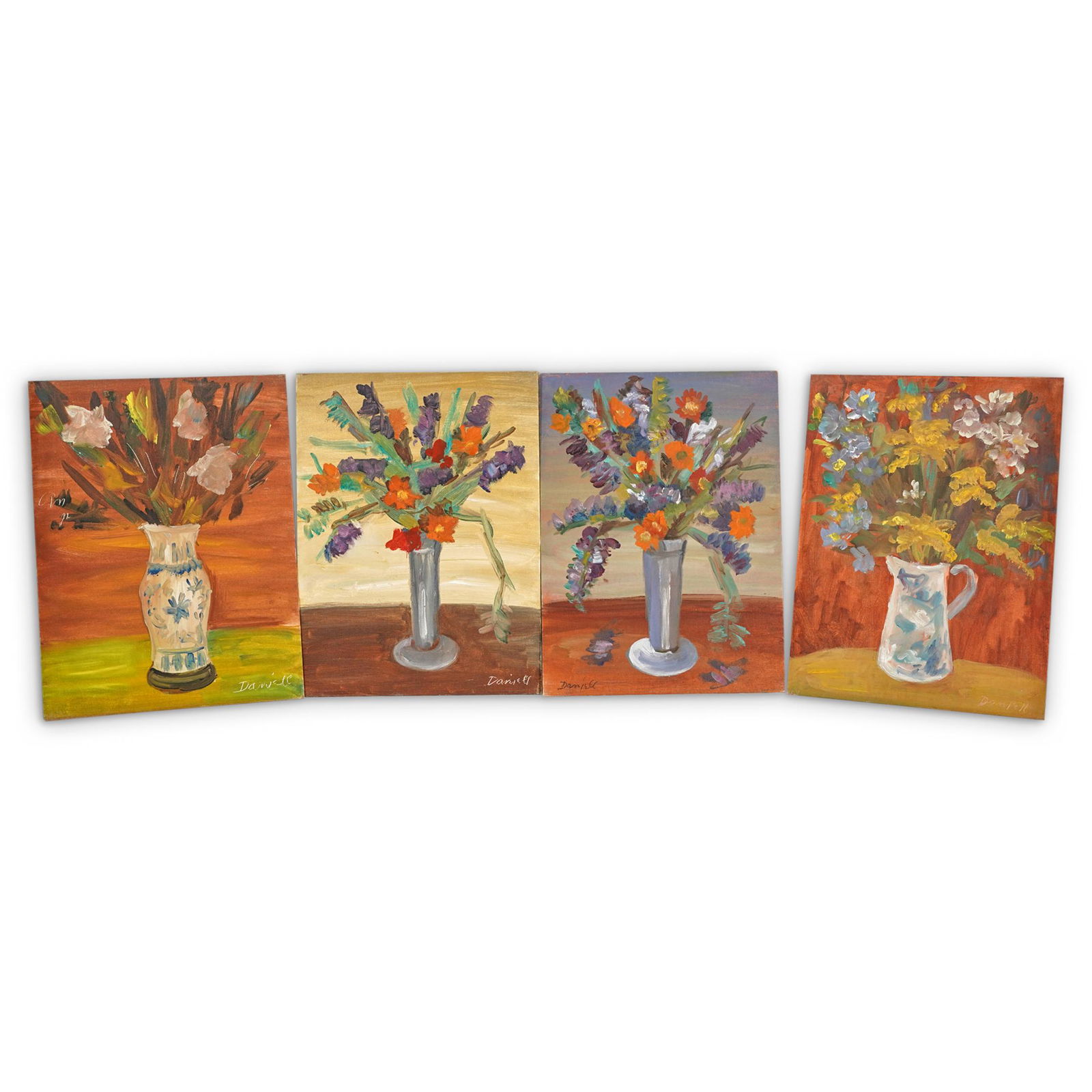 (4Pc) George Daniell (American, 1911 - 2002) Oil on: DESCRIPTION: (4Pc) George Daniell (American, 1911 - 2002) Oil on board painting collection, features five vibrant colored floral still-lifes, signed: "Daniell" CIRCA: 20th Cent. ORIGIN: USA DIMENSIONS