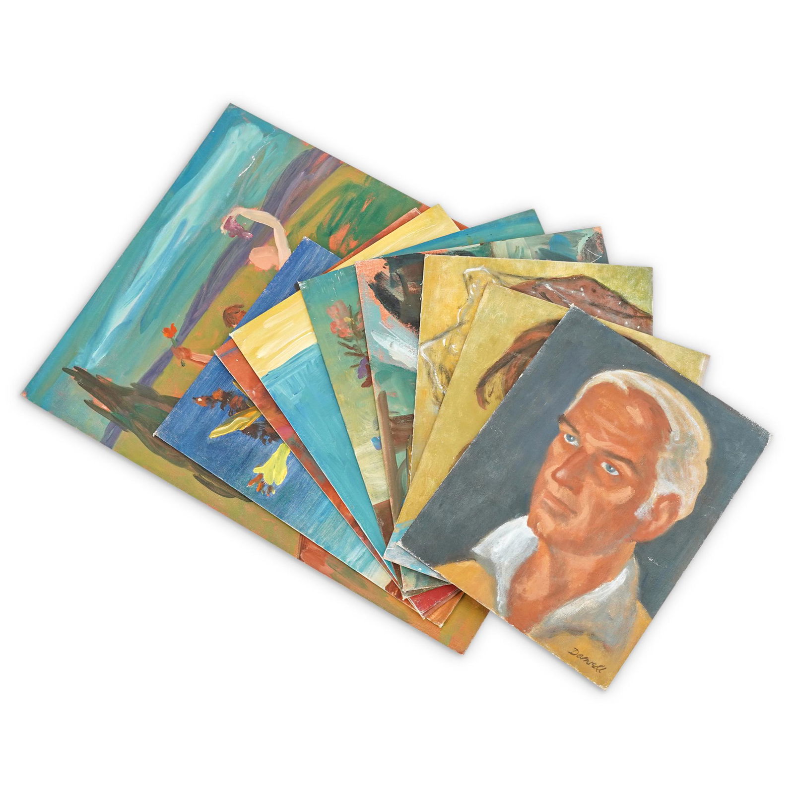 (9Pc) George Daniell (American, 1911 - 2002) Oil on: DESCRIPTION: (9Pc) George Daniell (American, 1911 - 2002) Oil on board painting collection. Features still-lifes, portraits, and landscape imagery. Each signed "Daniell" CIRCA: 20th Cent. ORIGIN: USA