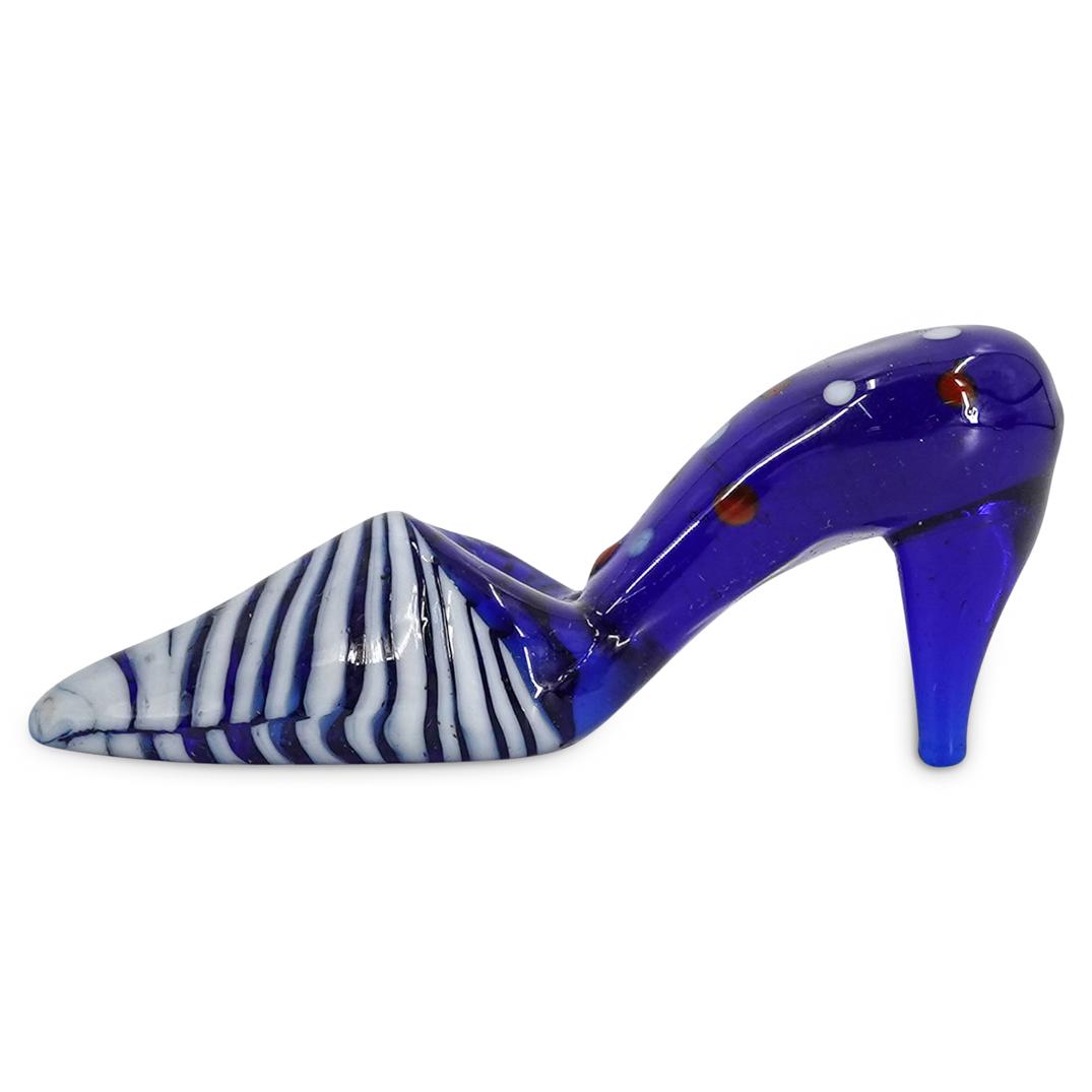 Fitz and Floyd Glass Slipper: DESCRIPTION: Fitz and Floyd decorative glass slipper in original case. Slipper is blue glass with zebra striped toe and polka dotted platform. Sticker on bottom has Fitz and Floyd logo and "Made in Ch