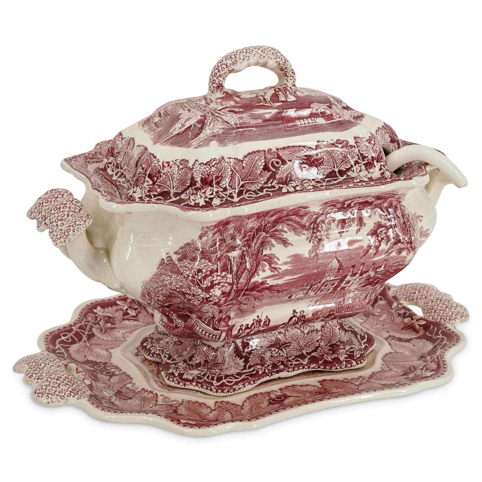 Mason's Ironstone Vista Pink Tureen And Underplate: DESCRIPTION: Mason's patent ironstone china small Bedford Tureen with lid, ladle, and underplate. Tureen, lid, and underplate are decorated with images of people socializing in a courtyard and floral 