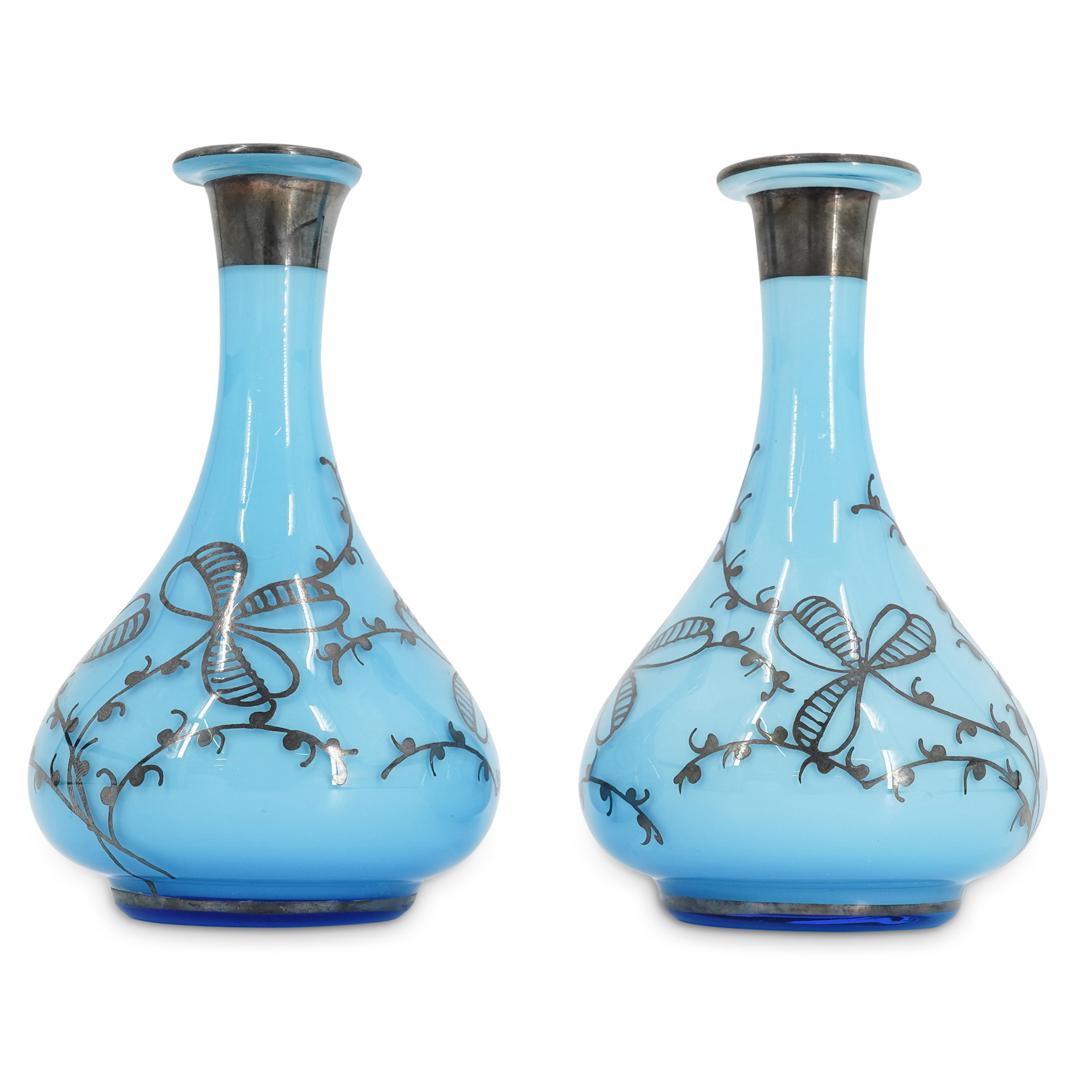 (2 pc) Blue Silver Overlay Porcelain Vases (1 of 6)