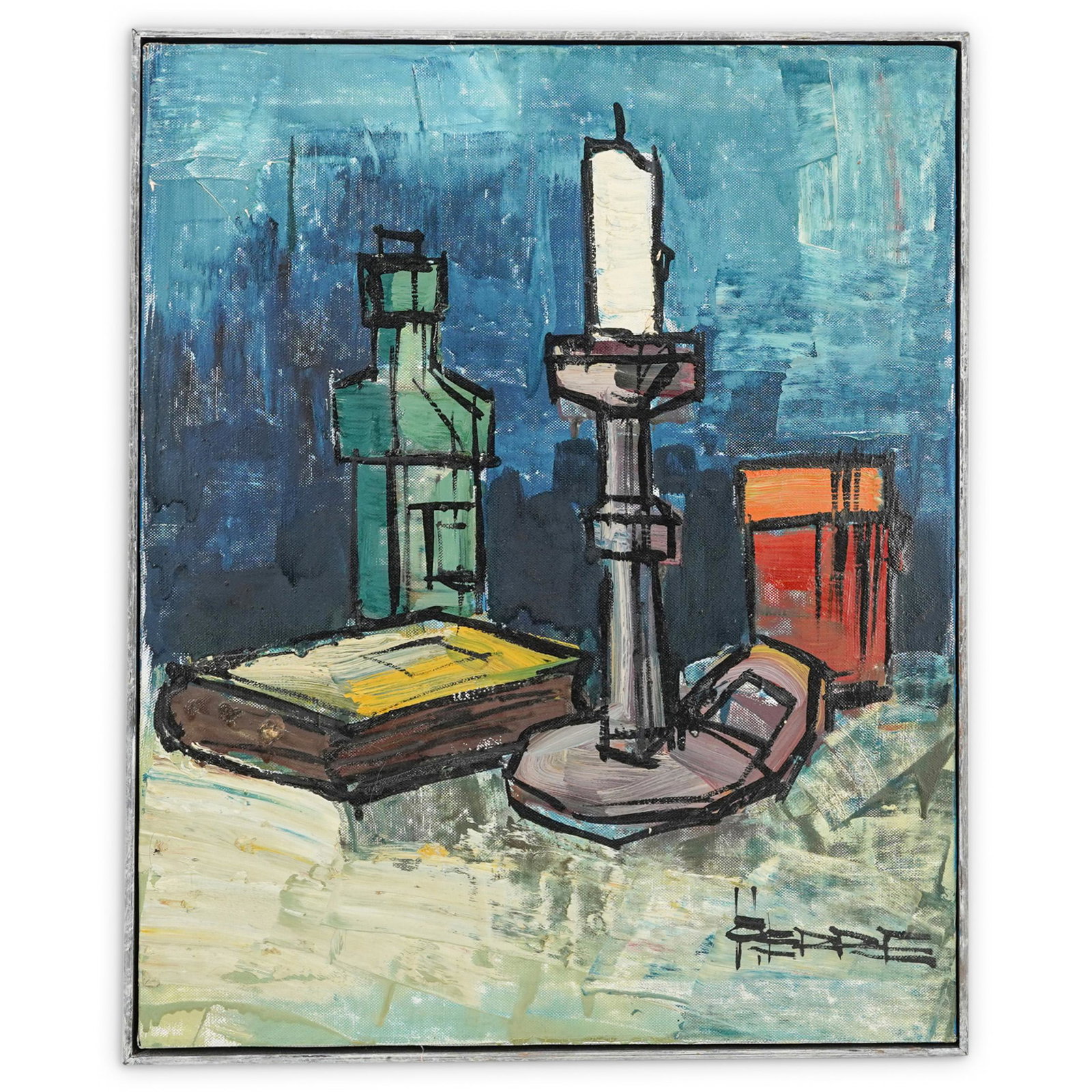 Pierre Signed Oil Still Life Painting: DESCRIPTION: Oil on canvas still life of a candle, a book, a bottle, and a container. Signed at bottom right by the artist. Back of canvas signed by artist in pencil. Framed. CIRCA: Mid-20th Century. 