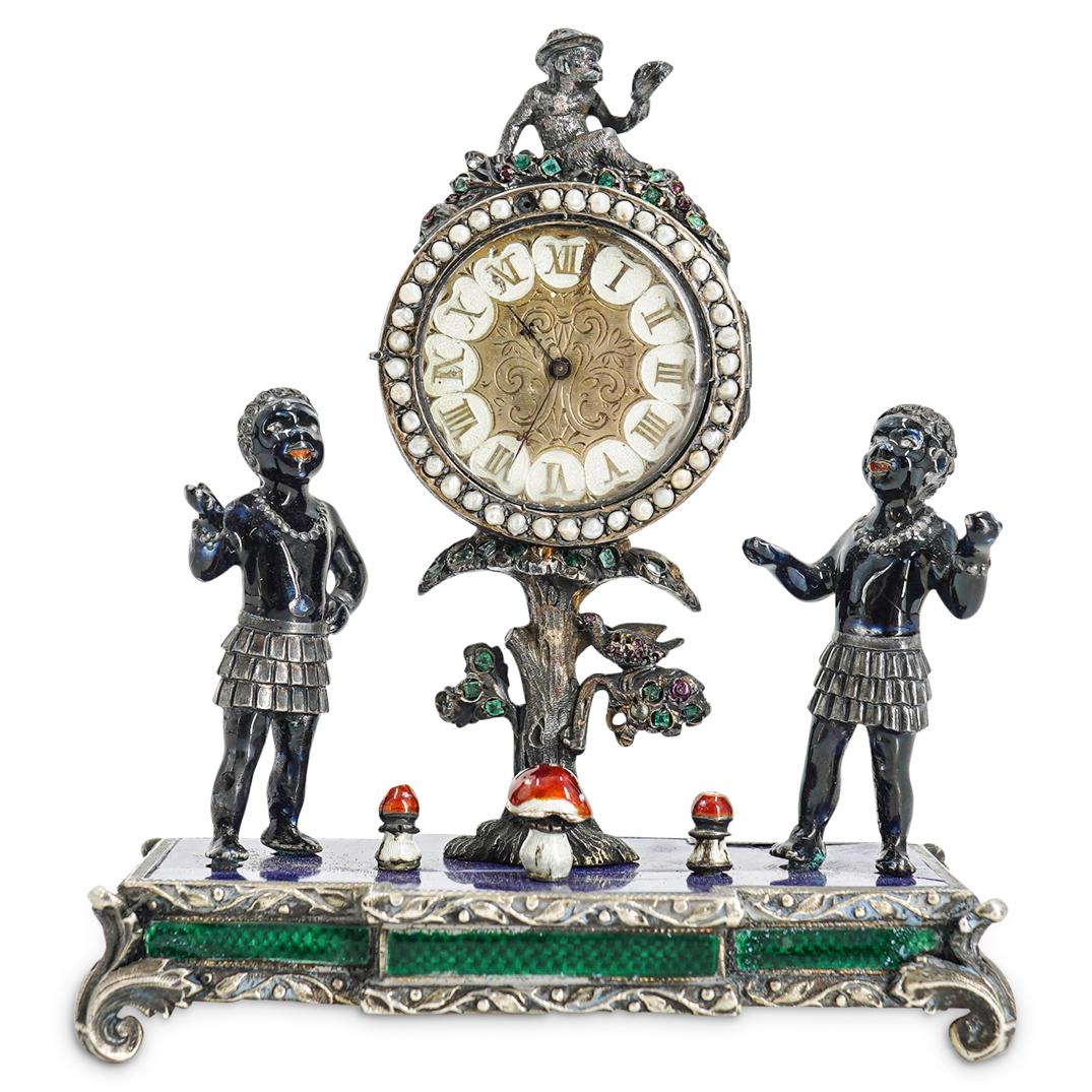 Antique Viennese Silver & Enamel Jeweled Desk Clock (1 of 4)