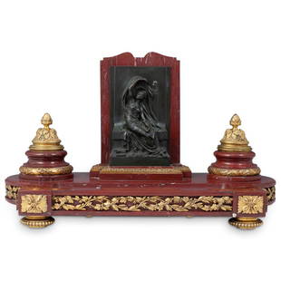 Henri Chapu (France,1833-1891) Bronze Inkwell: DESCRIPTION: Bronze and marble inkwell by french sculpture Henri Michel Antoine Chapu. A neo-classical inkwell designed with a beveled griotte marble foundation with a pen concave. Fitted in the cente