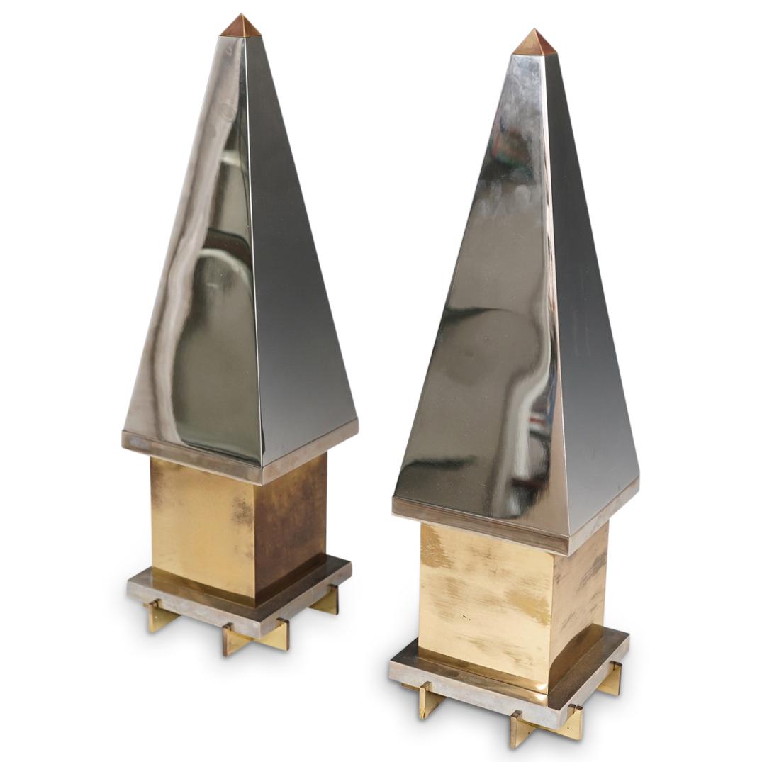 2 Pc) Mid Century Chrome Plated Bronze Obelisks (1 of 4)