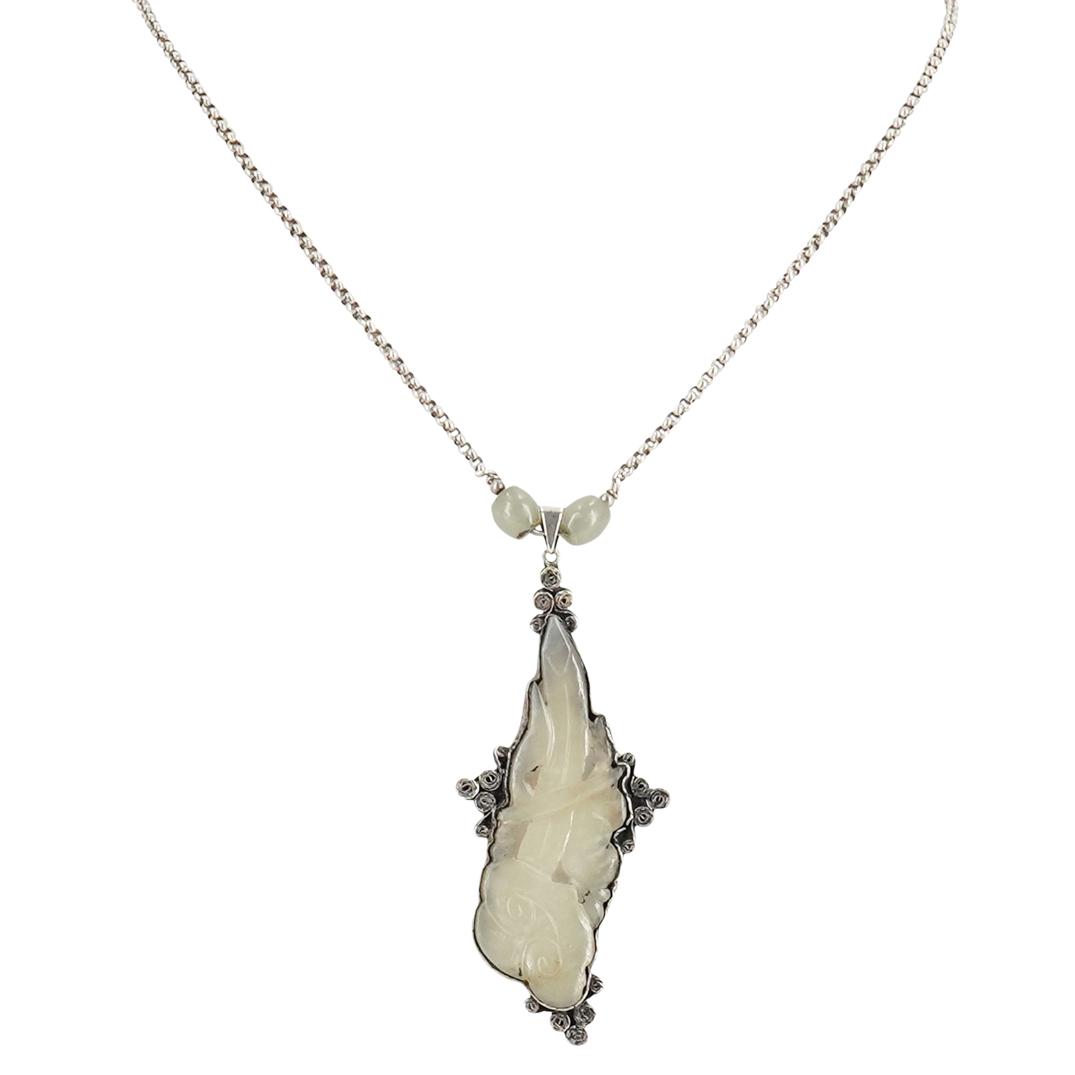 Antique Chinese Carved Silver And Jade Necklace (1 of 5)