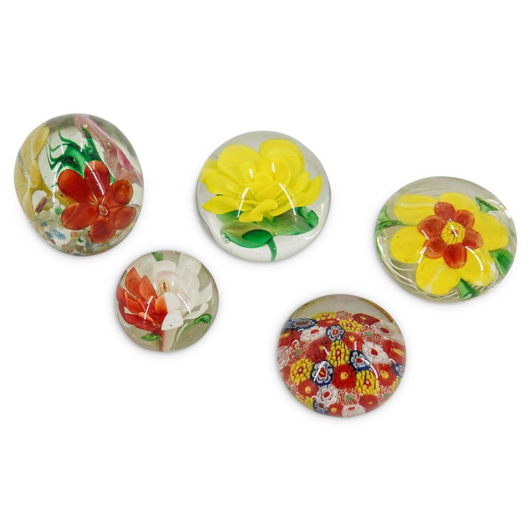 (5Pc) Botanical & Millefiori Art Glass Paperweights (1 of 6)
