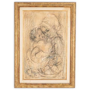 Edna Hibel (American, 1917) Painting: DESCRIPTION: An Edna Hibel (American, 1917) Charcoal painting on a linen panel depicting a mother with child. It is signed "Hibel" on the lower right bottom corner. Framed. CIRCA: 20th Century. ORIGIN