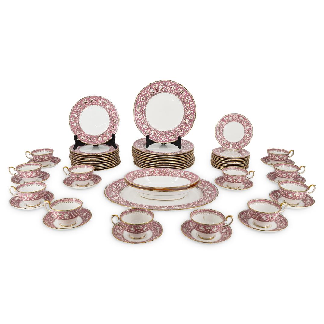 (63 Pc) Staffordshire Ellesmere Porcelain Dinnerware: DESCRIPTION: (63 Pc) A Staffordshire porcelain dinnerware set decorated with pink rose and gold gilt motifs. With "Fine Bone China Staffordshire England" hallmark on the underside. Pattern "Ellesmere"