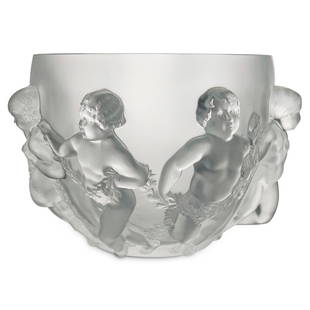 Large Lalique Crystal Luxembourg Cherub Vase: DESCRIPTION: A large Lalique crystal Luxembourg vase depicting frosted glass decorations in relief with dancing cherubs conjoined with swags of garland. Model #12227. Signed with etched "Lalique