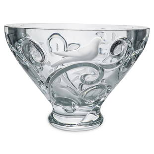 Lalique Crystal Verone Bowl: DESCRIPTION: A Lalique crystal Verone bowl. Model #11218. This is a circular centerpiece bowl in clear crystal, further embellished by engraved frosted doves and large scrolls. Signed with etched "Lal