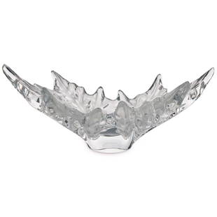 Lalique "Champs-Elysees" Large Crystal Bowl: DESCRIPTION: A Lalique "Champs-Elysees" large centerpiece bowl in clear crystal with frosted carved leaf decorative motif. The spectacular rows of plane trees lining â€œthe most beautiful Avenue