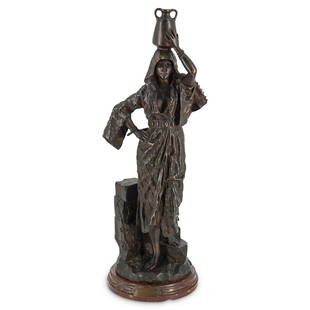 Gaston Leroux (1854-1942) "Rebecca" Bronze Sculpture: DESCRIPTION: Bronze sculpture entitled "Rebecca" by Gaston Leroux (1854-1942) resting on a rouge marble base. Piece depicts the Biblical figure, Rebecca, in robes with a jeweled belt, bracelets on