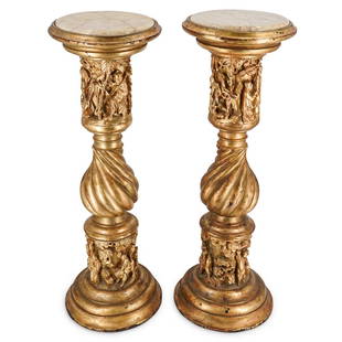 (2 pc) Chinoiserie Marble-Top Pedestals: DESCRIPTION: Pair of gilded wood pedestals crowned with orange marble insets. Pedestals come in two parts: a base and a column proper. Columns are decorated with a carved spiral center between two