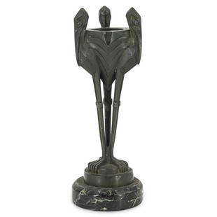 Signed Art Deco Bronze Urn: DESCRIPTION: Art deco bronze urn upheld by three angular ibises standing on a platform on a marble base. Piece is signed "LARTUS". CIRCA: 20th Century DIMENSIONS: L: 3.75" H: 10.75" Have a similar