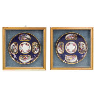 (2 Pc) 19th Cent Sevres Chargers In Gilded Wooden Frame: DESCRIPTION: Pair of Sevres chargers each in its own gilded wooden frame. Each charger is decorated with five hand-painted images each framed in a gilded border; edge of each charger has a gilded