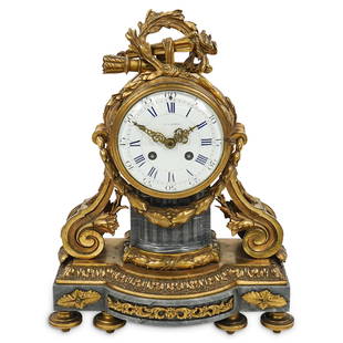 Ormolu-Mounted Japy Freres & Co. Bleu Turquin Marble: DESCRIPTION: Japy Freres & Co. Ormolu-mounted mantle clock with bleu turquin marble base and column. Face is marked "LEVY & WORMS" and numbers are blue enamel. Clock is set in gilded bronze casing