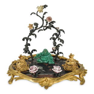 Antique Chinoiserie and Jade Inkwell: DESCRIPTION: Chinoiserie desk decoration with two gilded inkwells on a lacquered wood platform in a gilded frame with a curvilinear and foliage design. Platform is decorated with butterflies against