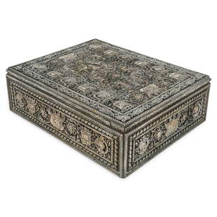 Edward F. Caldwell And Co Silver Plated Cigarette: DESCRIPTION: Edward F. Caldwell silver plated cigarette humidor with renaissance revival design. Piece consists of a silver-toned, three compartment humidor proper encased in fabric-lined wood