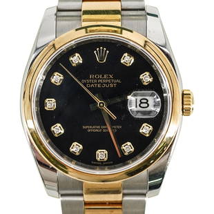 Rolex Datejust Black Diamond Dial 18k Two Tone Watch: DESCRIPTION: Stainless steel case with a stainless steel Rolex oyster bracelet with 18kt yellow gold center links. Fixed domed 18kt yellow gold bezel. Black Dial with yellow gold hands and Diamond